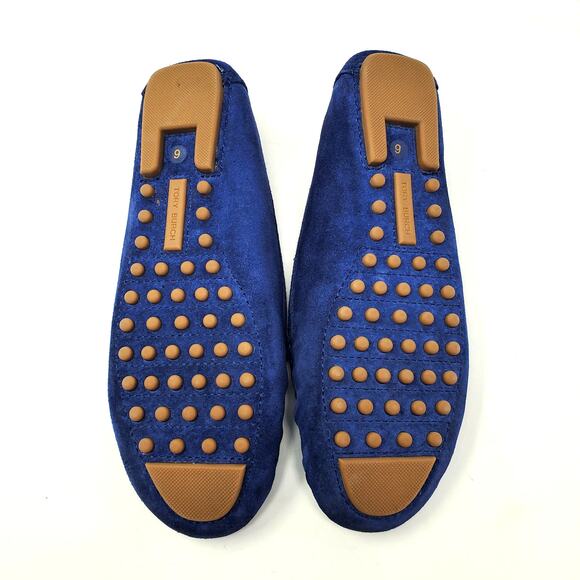 Tory Burch Everly Driver Loafers Nat Suede Royal Navy Rolled Brass 83642 Size 6 - Picture 7 of 11